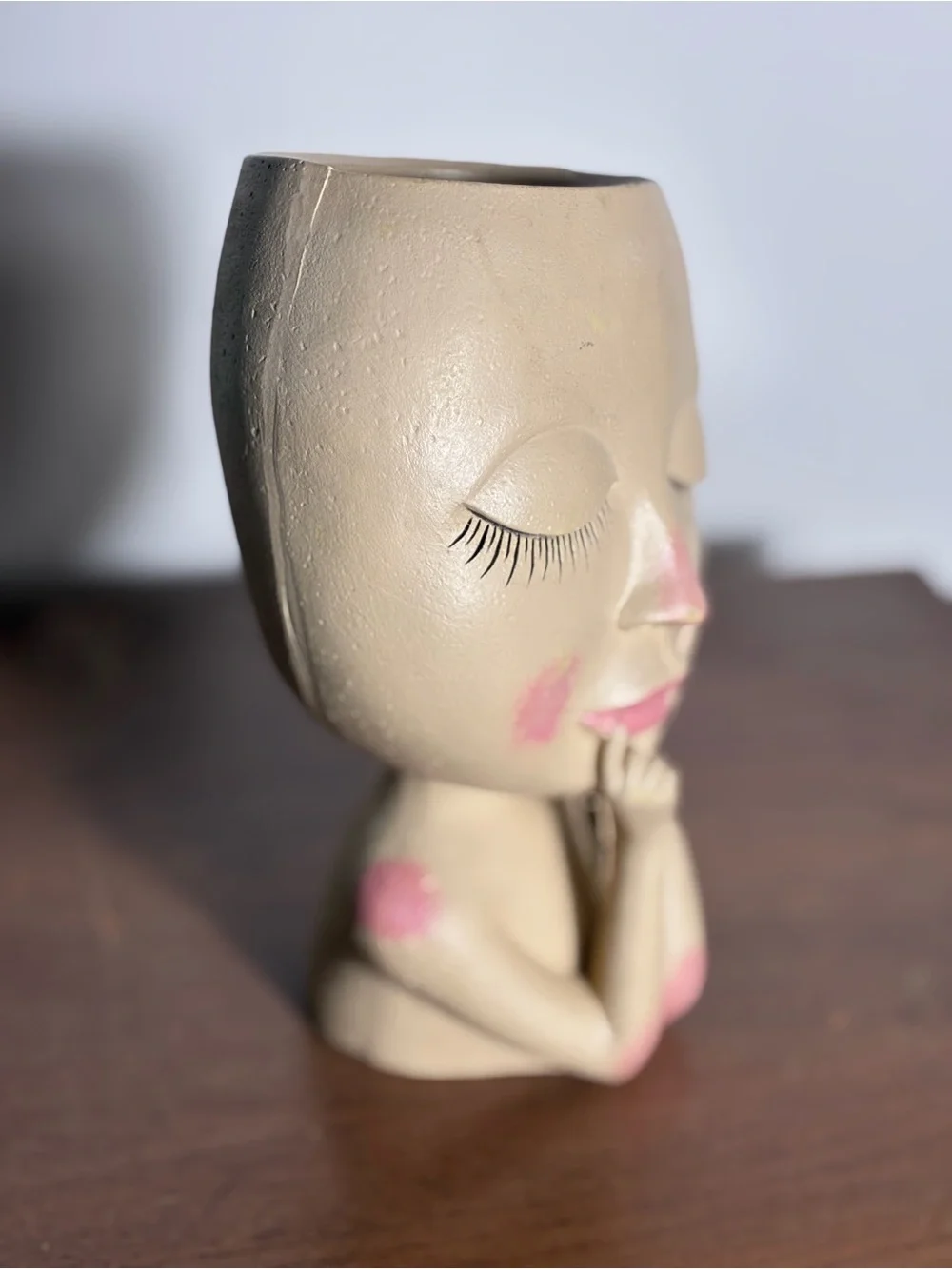 Whimsy face resin flower pot vase 7 inches hand painted